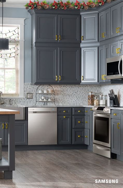 grey kitchen cabinets with charcoal stainless steel appliances|dark gray stained kitchen cabinets.